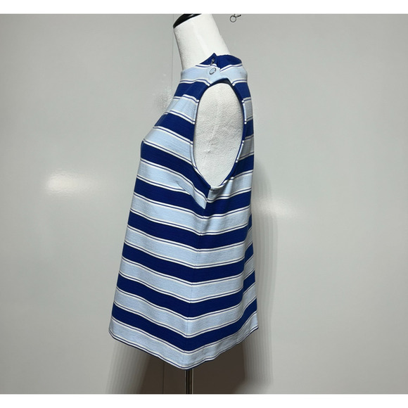 Talbots Top Womens Large Blue White Stripe Textured Button Shoulder Stretch - Picture 5 of 10